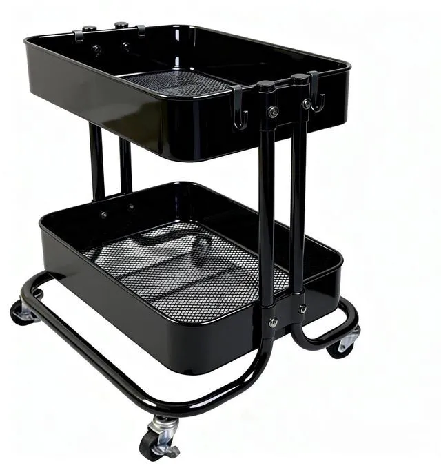 Main image of 2 Tier Cart with Wheels Heavy Duty Metal Rolling Storage Cart for Under Desk Storage, Short Small Utility Shelf for Pantry Kitchen Bathroom Laundry, Home Organizer with Large Basket, Black