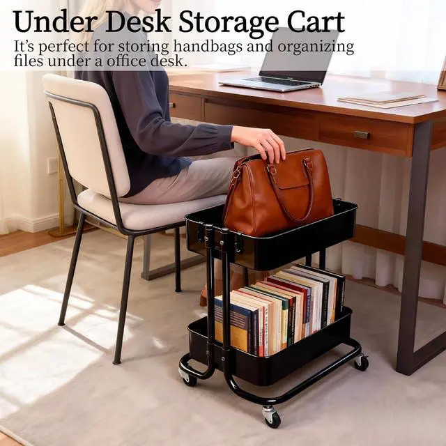 Alt view image 2 of 6 - 2 Tier Cart with Wheels Heavy Duty Metal Rolling Storage Cart for Under Desk Storage, Short Small Utility Shelf for Pantry Kitchen Bathroom Laundry, Home Organizer with Large Basket, Black