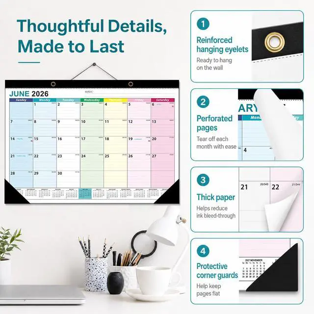 Alt view image 6 of 6 - Desk Calendar 2026-2027, 19 Month Jun 2026 - Dec 2027, 17x12in Desktop Calendar with Thick Paper, Large Blocks for Home & Office (2 Pack)