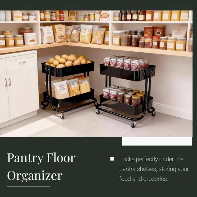 Alt view image 3 of 6 - 2 Tier Cart with Wheels Heavy Duty Metal Rolling Storage Cart for Under Desk Storage, Short Small Utility Shelf for Pantry Kitchen Bathroom Laundry, Home Organizer with Large Basket, Black