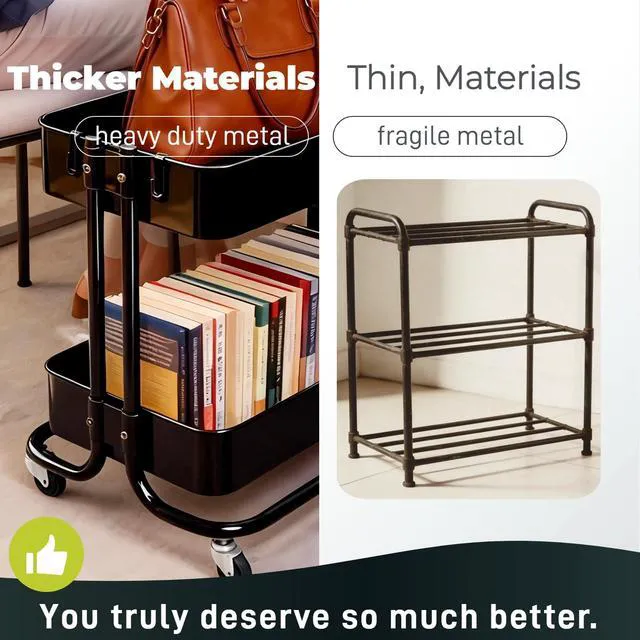 Alt view image 4 of 6 - 2 Tier Cart with Wheels Heavy Duty Metal Rolling Storage Cart for Under Desk Storage, Short Small Utility Shelf for Pantry Kitchen Bathroom Laundry, Home Organizer with Large Basket, Black