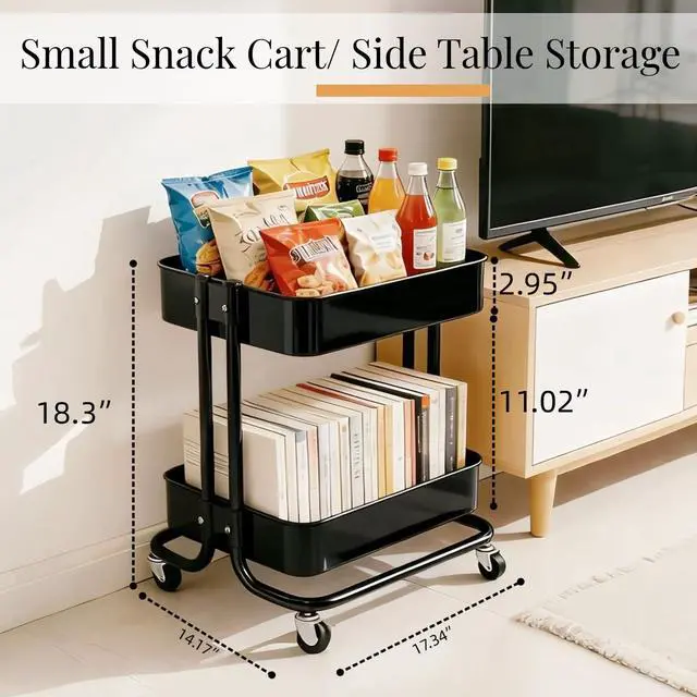 Alt view image 5 of 6 - 2 Tier Cart with Wheels Heavy Duty Metal Rolling Storage Cart for Under Desk Storage, Short Small Utility Shelf for Pantry Kitchen Bathroom Laundry, Home Organizer with Large Basket, Black