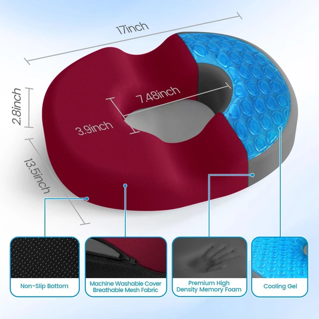 Alt view image 2 of 7 - Donut Pillow Seat Cushion, Cooling Gel Memory Foam Chair Cushion, Red Office, Home & Car Seat Cushion, Butt Pillow for Tailbone Pain Relief, Hemorrhoids and Everyday Sitting Comfort