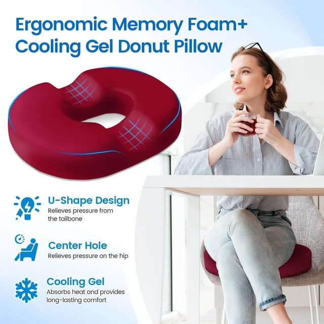 Alt view image 3 of 7 - Donut Pillow Seat Cushion, Cooling Gel Memory Foam Chair Cushion, Red Office, Home & Car Seat Cushion, Butt Pillow for Tailbone Pain Relief, Hemorrhoids and Everyday Sitting Comfort