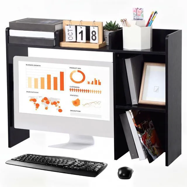 Main image of Dorm Desk Bookshelf Desk Hutch Organizer with 5 Shelves and 3 Tier Desktop Hutch Storage Organizer for College Dorm Home Office Supply, 32.5 x 23.5 x 8 Inch(Black)