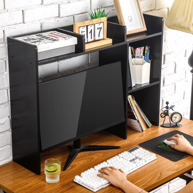 Alt view image 2 of 6 - Dorm Desk Bookshelf Desk Hutch Organizer with 5 Shelves and 3 Tier Desktop Hutch Storage Organizer for College Dorm Home Office Supply, 32.5 x 23.5 x 8 Inch(Black)