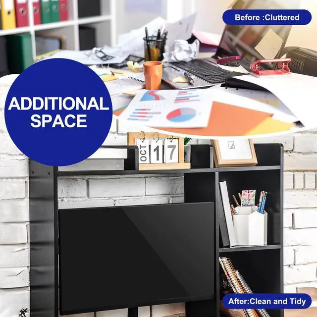Alt view image 6 of 6 - Dorm Desk Bookshelf Desk Hutch Organizer with 5 Shelves and 3 Tier Desktop Hutch Storage Organizer for College Dorm Home Office Supply, 32.5 x 23.5 x 8 Inch(Black)