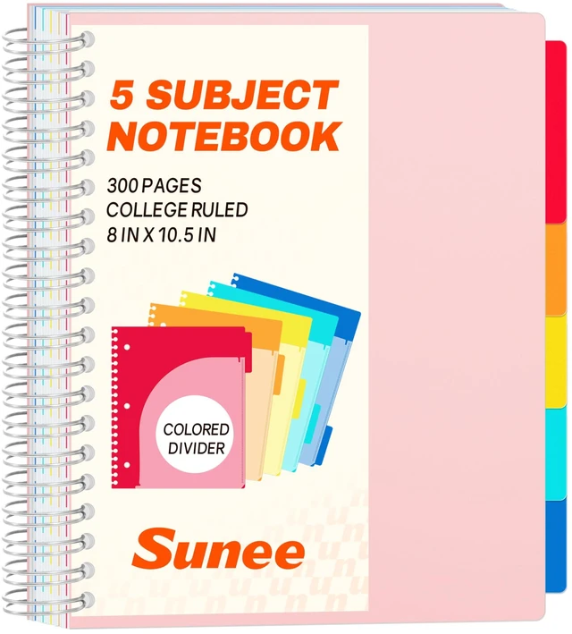 Main image of Spiral Notebooks for Work with Removable Dividers & Tabs College Ruled 5 Subject, 300 Pages, 3 Hole Punched, Durable PP Cover, 8"x10.5" Notebooks for Office or School, Pink