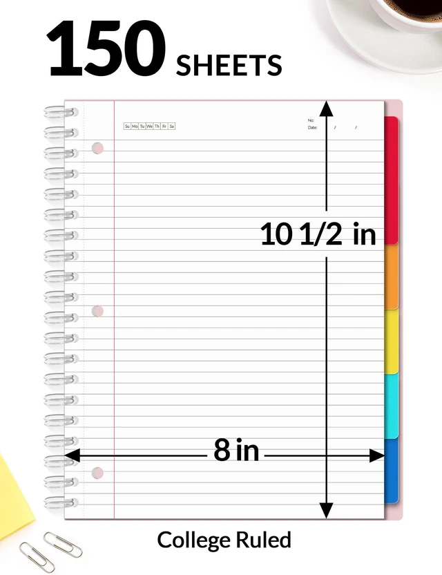 Alt view image 3 of 7 - Spiral Notebooks for Work with Removable Dividers & Tabs College Ruled 5 Subject, 300 Pages, 3 Hole Punched, Durable PP Cover, 8"x10.5" Notebooks for Office or School, Pink