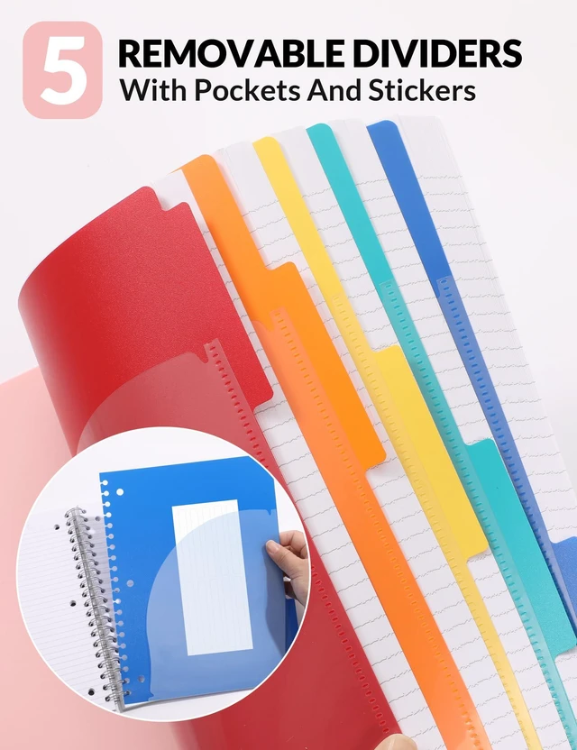 Alt view image 4 of 7 - Spiral Notebooks for Work with Removable Dividers & Tabs College Ruled 5 Subject, 300 Pages, 3 Hole Punched, Durable PP Cover, 8"x10.5" Notebooks for Office or School, Pink