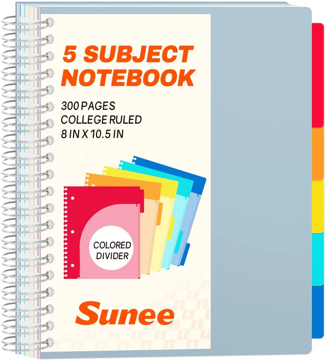 Main image of Spiral Notebooks for Work with Removable Dividers & Tabs College Ruled 5 Subject, 300 Pages, 3 Hole Punched, Durable PP Cover, 8"x10.5" Notebooks for Office or School, Grey Blue