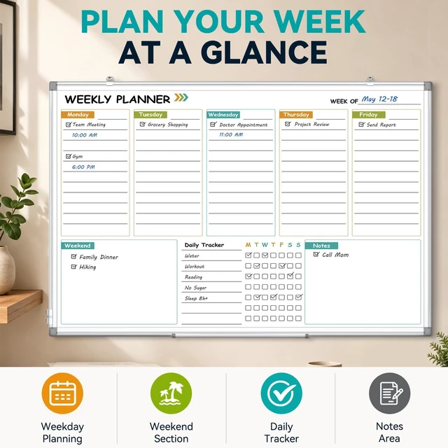 Alt view image 2 of 7 - Weekly Dry Erase Calendar Whiteboard with Corkboard, 36" x 24", Silver Magnetic, White Board Cork Board Combo, Double Sided, Wall Mounted, Aluminum Frame, for Home, Office, Kitchen, Dorm