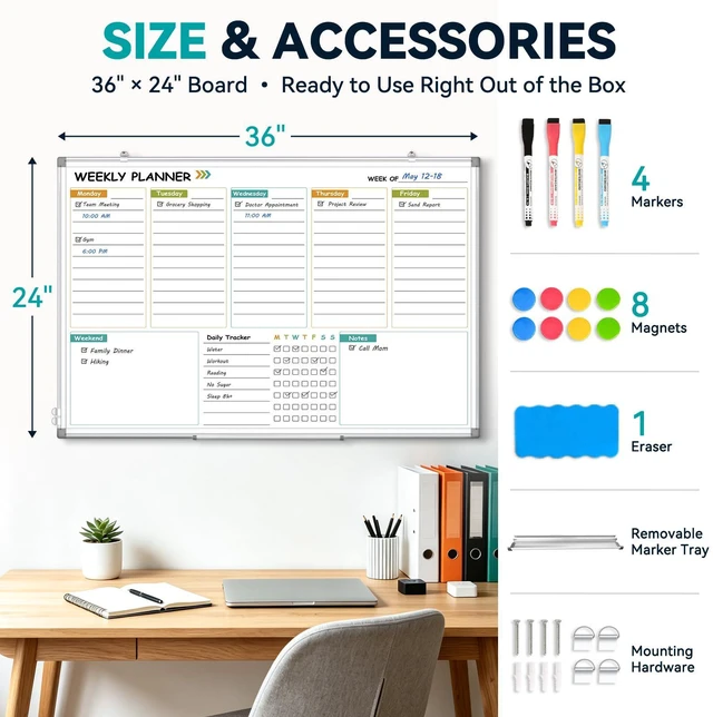 Alt view image 3 of 7 - Weekly Dry Erase Calendar Whiteboard with Corkboard, 36" x 24", Silver Magnetic, White Board Cork Board Combo, Double Sided, Wall Mounted, Aluminum Frame, for Home, Office, Kitchen, Dorm