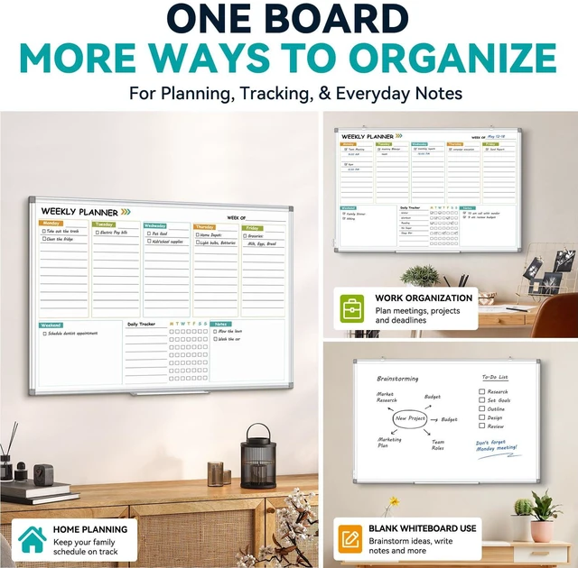 Alt view image 4 of 7 - Weekly Dry Erase Calendar Whiteboard with Corkboard, 36" x 24", Silver Magnetic, White Board Cork Board Combo, Double Sided, Wall Mounted, Aluminum Frame, for Home, Office, Kitchen, Dorm
