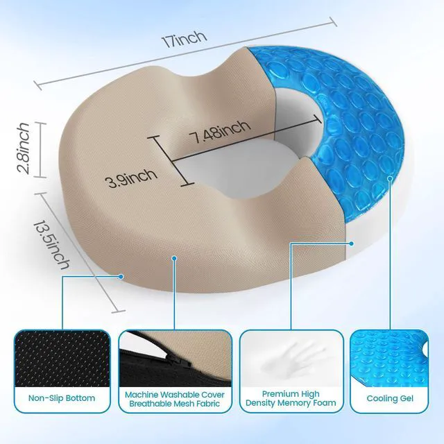 Alt view image 2 of 7 - Donut Pillow Seat Cushion, Cooling Gel Memory Foam Chair Cushion, Khaki Office, Home & Car Seat Cushion, Butt Pillow for Tailbone Pain Relief, Hemorrhoids and Everyday Sitting Comfort