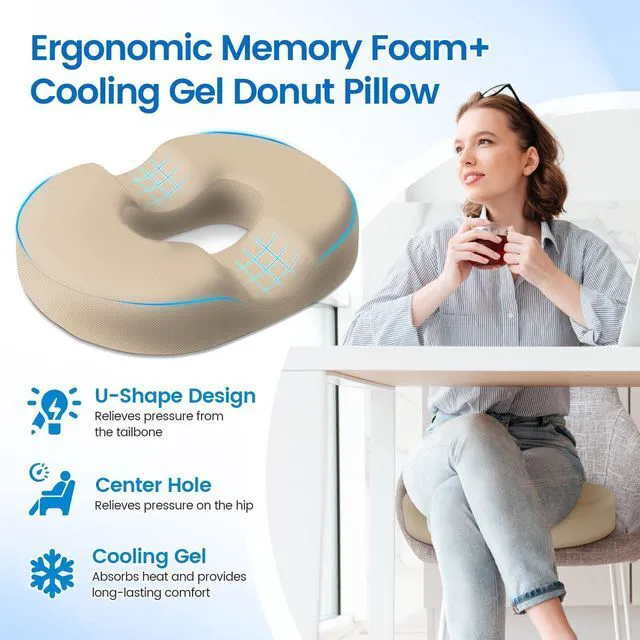Alt view image 3 of 7 - Donut Pillow Seat Cushion, Cooling Gel Memory Foam Chair Cushion, Khaki Office, Home & Car Seat Cushion, Butt Pillow for Tailbone Pain Relief, Hemorrhoids and Everyday Sitting Comfort