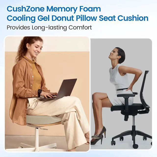 Alt view image 4 of 7 - Donut Pillow Seat Cushion, Cooling Gel Memory Foam Chair Cushion, Khaki Office, Home & Car Seat Cushion, Butt Pillow for Tailbone Pain Relief, Hemorrhoids and Everyday Sitting Comfort