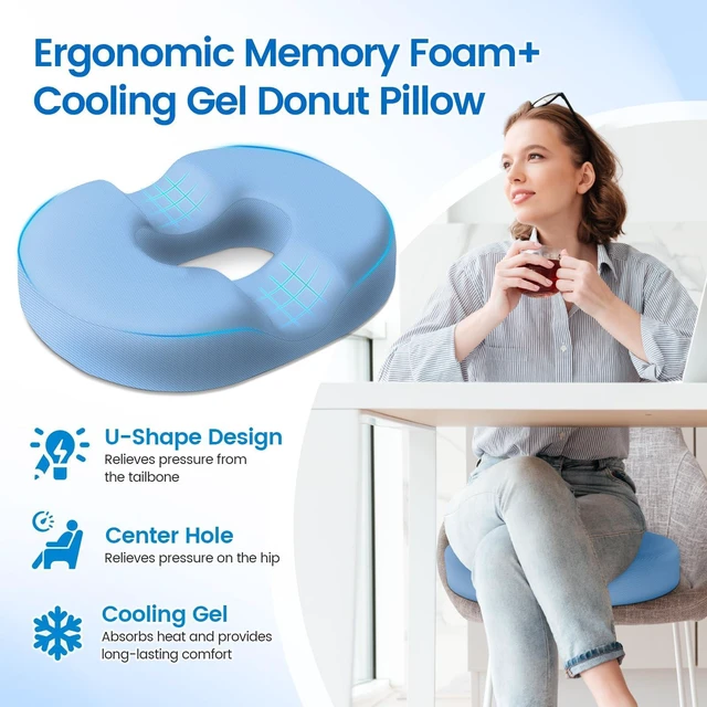 Alt view image 3 of 7 - Donut Pillow Seat Cushion, Cooling Gel Memory Foam Chair Cushion,Light Blue Office, Home & Car Seat Cushion, Butt Pillow for Tailbone Pain Relief, Hemorrhoids and Everyday Sitting Comfort