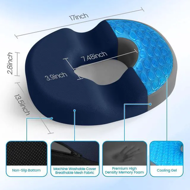 Alt view image 2 of 7 - Donut Pillow Seat Cushion, Cooling Gel Memory Foam Chair Cushion, Blue Office, Home & Car Seat Cushion, Butt Pillow for Tailbone Pain Relief, Hemorrhoids and Everyday Sitting Comfort
