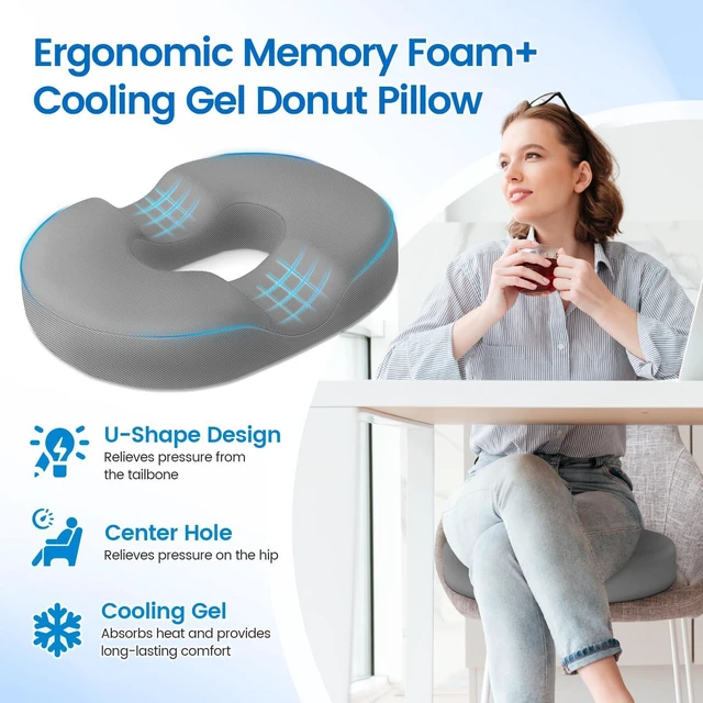 Alt view image 3 of 7 - Donut Pillow Seat Cushion, Cooling Gel Memory Foam Chair Cushion,Light Grey Office, Home & Car Seat Cushion, Butt Pillow for Tailbone Pain Relief, Hemorrhoids and Everyday Sitting Comfort