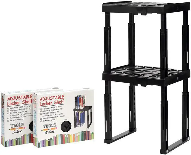 Main image of for-School Height & Width Adjustable Locker Shelf - Strong ABS Plastic - Width Adjusts from 8"-12.5" & Height Adjusts from 10"-14" - Patented Design - BEWARE OF CHEAP IMITATIONS - 2 Pack (Black)