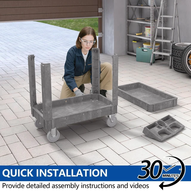 Alt view image 4 of 7 - 2 Tier Plastic Rolling Cart Utility Cart on Wheels, Heavy Duty Tool Carts with Ergonomic Storage Handle and Deep Shelfs, Work Carts Service Cart for Garage, Warehouse, Workshop, Office, Cleaning
