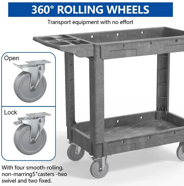 Alt view image 5 of 7 - 2 Tier Plastic Rolling Cart Utility Cart on Wheels, Heavy Duty Tool Carts with Ergonomic Storage Handle and Deep Shelfs, Work Carts Service Cart for Garage, Warehouse, Workshop, Office, Cleaning