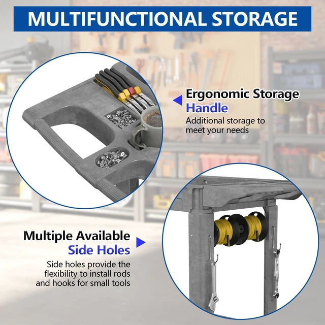 Alt view image 3 of 7 - 2 Tier Plastic Rolling Cart Utility Cart on Wheels, Heavy Duty Tool Carts with Ergonomic Storage Handle and Deep Shelfs, Work Carts Service Cart for Garage, Warehouse, Workshop, Office, Cleaning