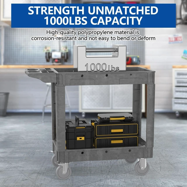 Alt view image 6 of 7 - 2 Tier Plastic Rolling Cart Utility Cart on Wheels, Heavy Duty Tool Carts with Ergonomic Storage Handle and Deep Shelfs, Work Carts Service Cart for Garage, Warehouse, Workshop, Office, Cleaning