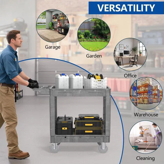 Alt view image 7 of 7 - 2 Tier Plastic Rolling Cart Utility Cart on Wheels, Heavy Duty Tool Carts with Ergonomic Storage Handle and Deep Shelfs, Work Carts Service Cart for Garage, Warehouse, Workshop, Office, Cleaning
