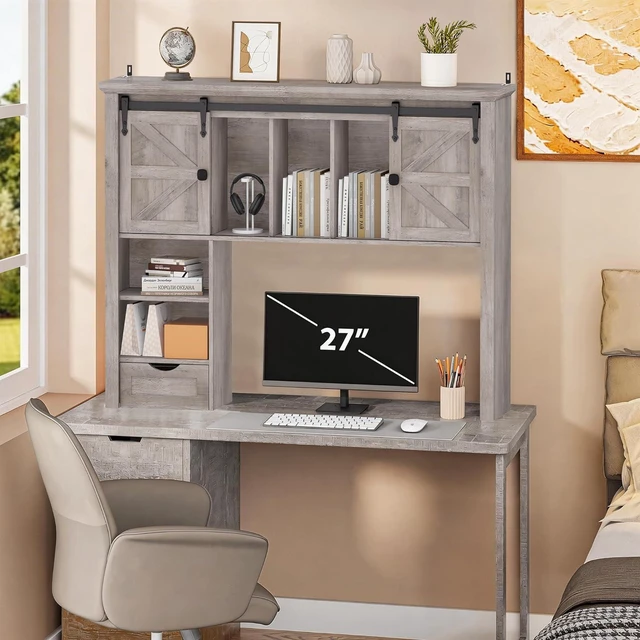 Alt view image 7 of 7 - Large Desktop Bookshelf with Sliding Barn Door, 47.2''W Desk Shelf Display Rack, Desktop Organizer Storage Rack with 7 Cubbies and Drawer, Home, Desk Shelf for Office, Dorm, Vanity, Oak