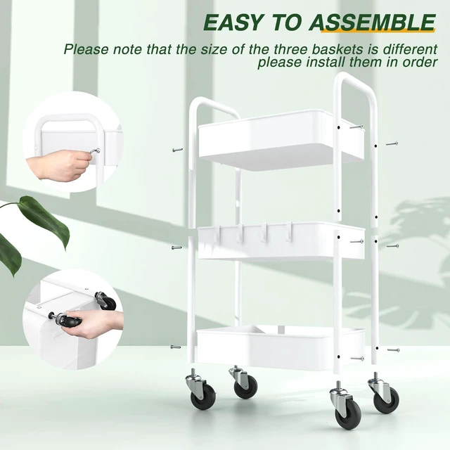 Alt view image 7 of 7 - 3 Tier Rolling Cart, Metal Rolling Utility Cart with Lockable Wheels Multi-Functional Heavy Duty Storage Cart Organizer for Bathroom, Kitchen, Office, Living Room, Rolling Storage Trolley