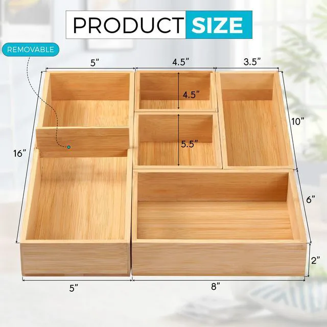Alt view image 2 of 6 - Bathroom Drawer Organizer, Bamboo Box Bin for Junk Vanity Desk Makeup Drawer, Small Wooden Container Tea Storage Organization Tray for Kitchen Office, Set of 5