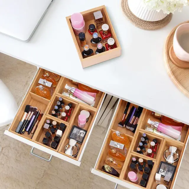 Alt view image 3 of 6 - Bathroom Drawer Organizer, Bamboo Box Bin for Junk Vanity Desk Makeup Drawer, Small Wooden Container Tea Storage Organization Tray for Kitchen Office, Set of 5