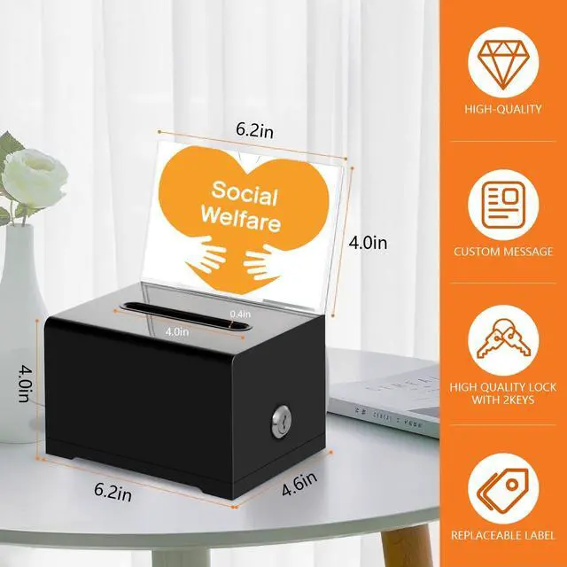 Alt view image 2 of 7 - Clear Donation Box With Lock, Acrylic Raffle Box & Tip Jar, 3 Pack 4x6" Sign Holders, Cash & Raffle Tickets Collection, Church Fundraising, School Voting & Office Tips, 6.2 x 4.6 x 4.0 In