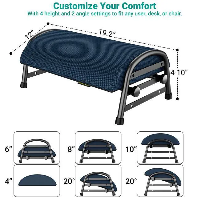 Alt view image 2 of 7 - Adjustable Foot Rest for Under Desk at Work, 6 Positions - Blue Ergonomic Under Desk Footrest, Foot Stools for Under Office Desk Chair, Leg Rest for Home, Car, Computer, Gaming Accessories