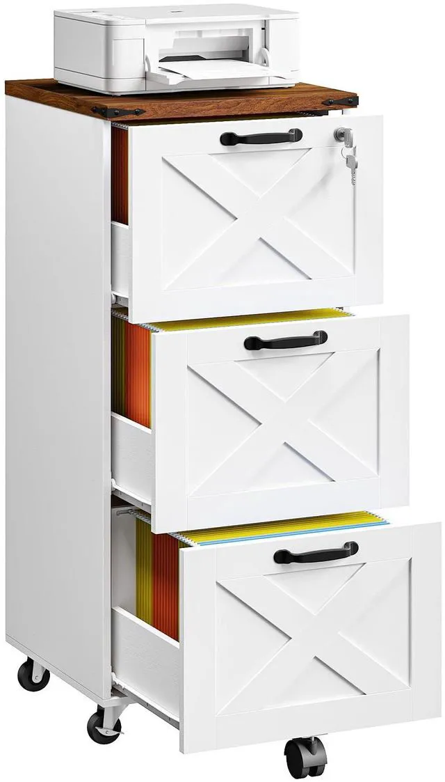 Main image of 3 Drawer File Cabinet with Lock, Mobile Filing Cabinet for Home Office, Wooden Farmhouse Office Storage Cabinet, Printer Stand Fits Letter and A4 Size, Walnut and White WH93WJ01G1