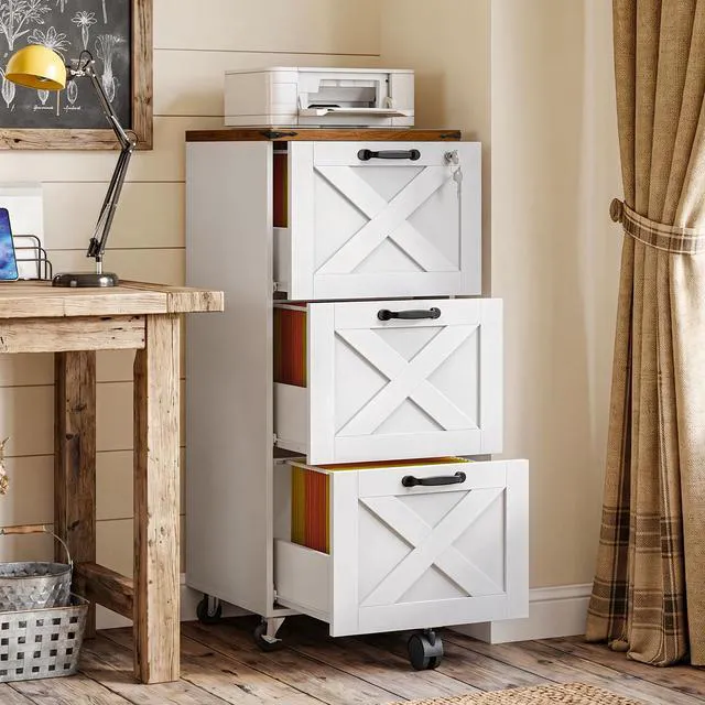 Alt view image 2 of 7 - 3 Drawer File Cabinet with Lock, Mobile Filing Cabinet for Home Office, Wooden Farmhouse Office Storage Cabinet, Printer Stand Fits Letter and A4 Size, Walnut and White WH93WJ01G1