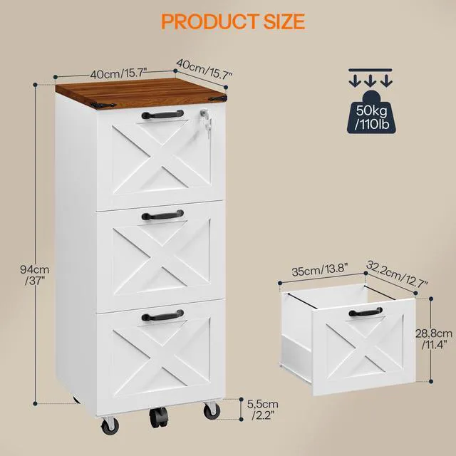 Alt view image 3 of 7 - 3 Drawer File Cabinet with Lock, Mobile Filing Cabinet for Home Office, Wooden Farmhouse Office Storage Cabinet, Printer Stand Fits Letter and A4 Size, Walnut and White WH93WJ01G1