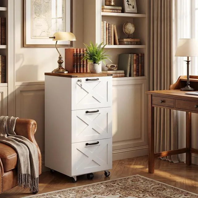 Alt view image 4 of 7 - 3 Drawer File Cabinet with Lock, Mobile Filing Cabinet for Home Office, Wooden Farmhouse Office Storage Cabinet, Printer Stand Fits Letter and A4 Size, Walnut and White WH93WJ01G1