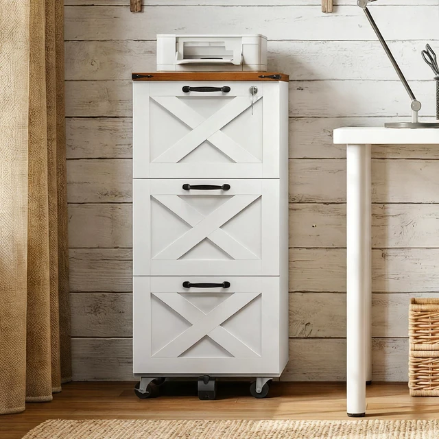 Alt view image 5 of 7 - 3 Drawer File Cabinet with Lock, Mobile Filing Cabinet for Home Office, Wooden Farmhouse Office Storage Cabinet, Printer Stand Fits Letter and A4 Size, Walnut and White WH93WJ01G1