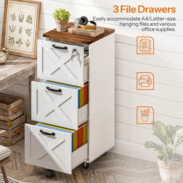 Alt view image 6 of 7 - 3 Drawer File Cabinet with Lock, Mobile Filing Cabinet for Home Office, Wooden Farmhouse Office Storage Cabinet, Printer Stand Fits Letter and A4 Size, Walnut and White WH93WJ01G1