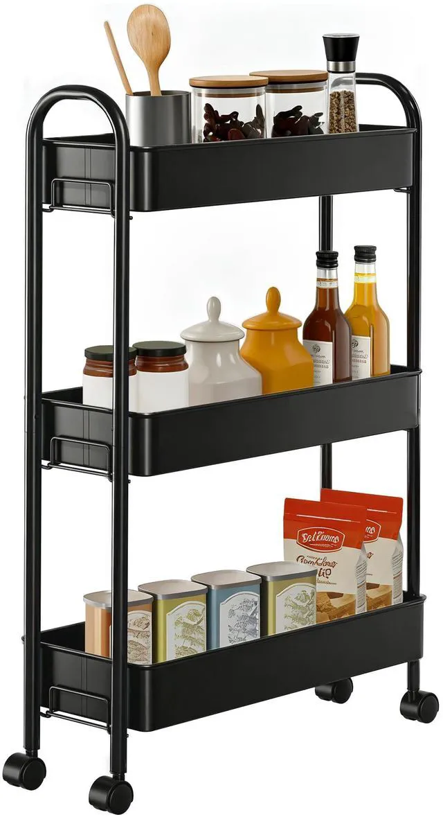 Main image of Slim Rolling Cart, Metal Frame Utility Rolling 3-Tier Narrow Storage Cart Kitchen Storage Organizer, Mobile Shelving Unit for Bathroom Kitchen