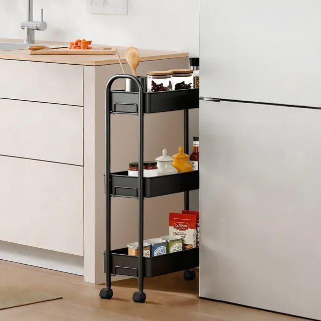 Alt view image 3 of 7 - Slim Rolling Cart, Metal Frame Utility Rolling 3-Tier Narrow Storage Cart Kitchen Storage Organizer, Mobile Shelving Unit for Bathroom Kitchen
