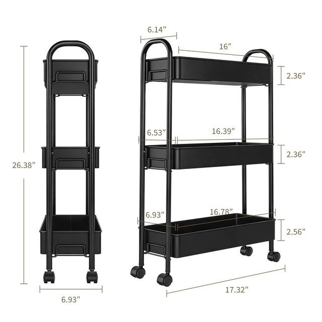 Alt view image 2 of 7 - Slim Rolling Cart, Metal Frame Utility Rolling 3-Tier Narrow Storage Cart Kitchen Storage Organizer, Mobile Shelving Unit for Bathroom Kitchen