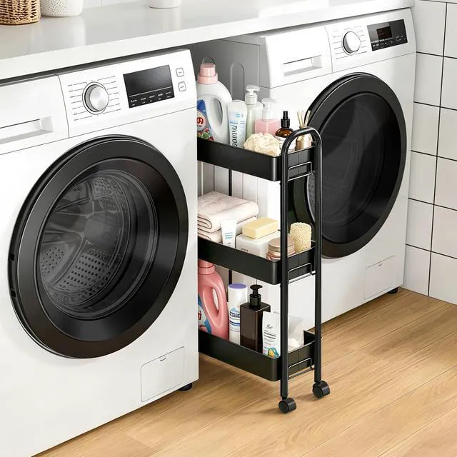 Alt view image 4 of 7 - Slim Rolling Cart, Metal Frame Utility Rolling 3-Tier Narrow Storage Cart Kitchen Storage Organizer, Mobile Shelving Unit for Bathroom Kitchen
