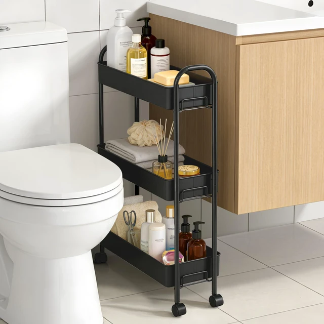 Alt view image 5 of 7 - Slim Rolling Cart, Metal Frame Utility Rolling 3-Tier Narrow Storage Cart Kitchen Storage Organizer, Mobile Shelving Unit for Bathroom Kitchen