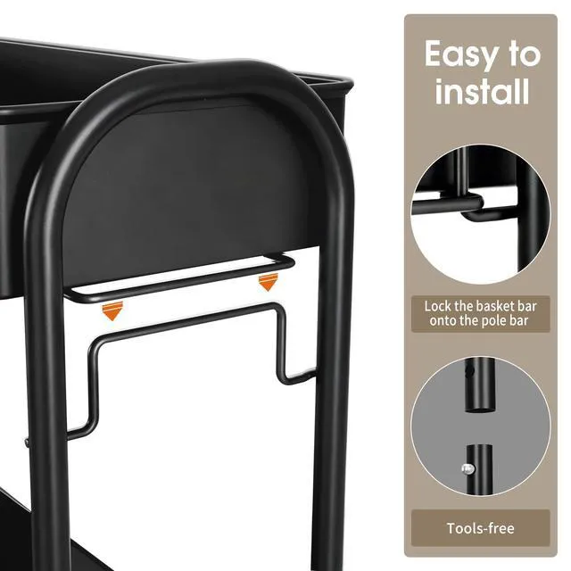 Alt view image 7 of 7 - Slim Rolling Cart, Metal Frame Utility Rolling 3-Tier Narrow Storage Cart Kitchen Storage Organizer, Mobile Shelving Unit for Bathroom Kitchen
