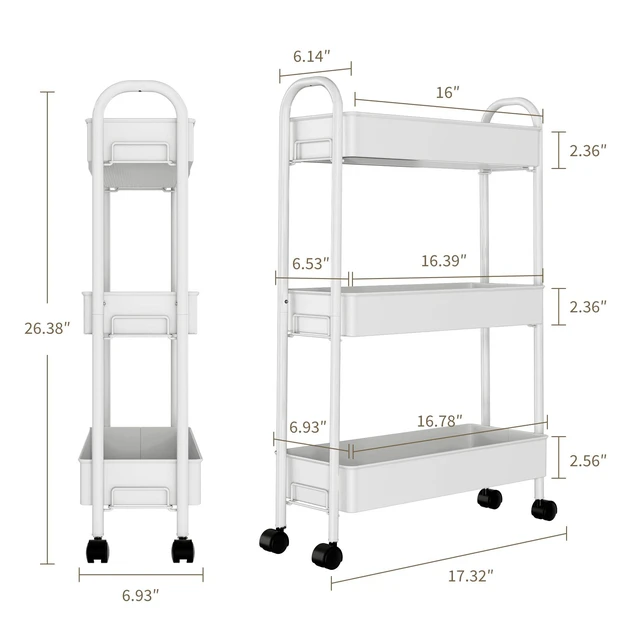 Alt view image 2 of 7 - Slim Rolling Cart, Metal Frame Utility Rolling 3-Tier Narrow Storage Cart Kitchen Storage Organizer, Mobile Shelving Unit for Bathroom Kitchen