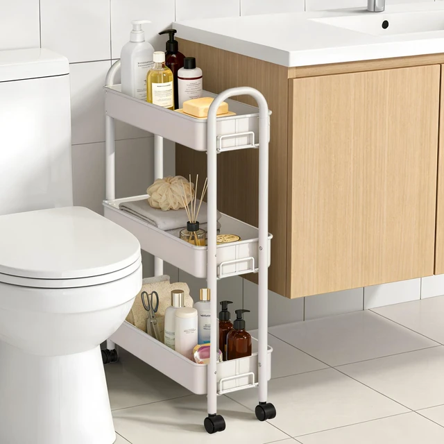 Alt view image 4 of 7 - Slim Rolling Cart, Metal Frame Utility Rolling 3-Tier Narrow Storage Cart Kitchen Storage Organizer, Mobile Shelving Unit for Bathroom Kitchen